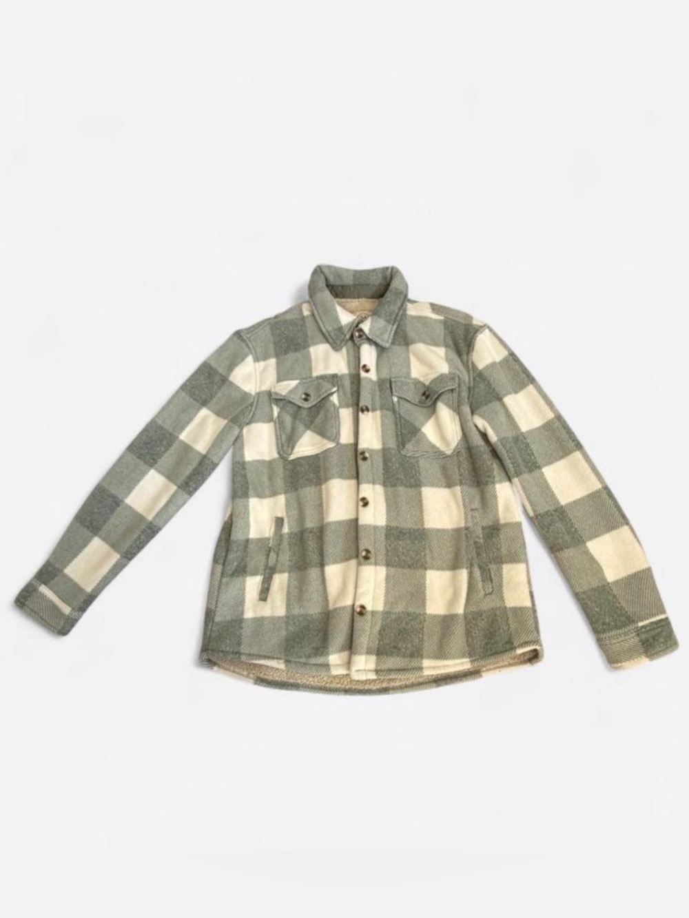 Womens Green & Cream Plaid Button-Up Sherpa Shacket